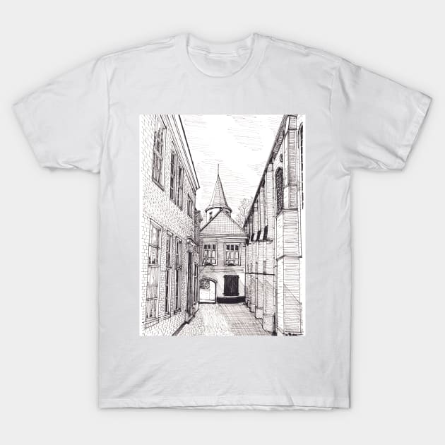 Prinsenhof Delft Netherlands Pen and Ink Illustration T-Shirt by Wall-Art-Sketch